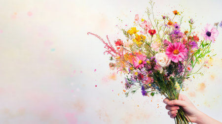 A vibrant hand holding a beautiful bouquet of mixed flowers showcases colors and textures against a soft blurred background, symbolizing joy and celebration.の素材