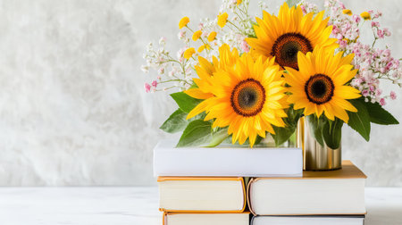 A beautiful arrangement of vibrant sunflowers in a glass vase sits atop a stack of elegant books, creating a cheerful and inviting indoor atmosphere.の素材