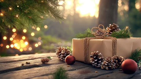 A beautifully wrapped Christmas gift surrounded by pine cones and ornaments, set against a warm bokeh light backdrop in a serene forest atmosphere.の素材