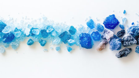 A captivating arrangement of vibrant blue crystals showcases varying textures and sizes against a clean white background, perfect for design use.の素材