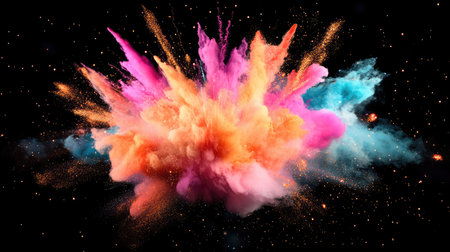 This vibrant image features a colorful explosion of dust and cloud, showcasing hues of pink, orange, blue, and purple in a dynamic display against a dark backdrop.の素材