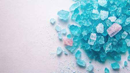 Bright and colorful sea salt and sugar crystals create an inviting scene perfect for spa, wellness, or decorative themes. Ideal for health-oriented designs.の素材