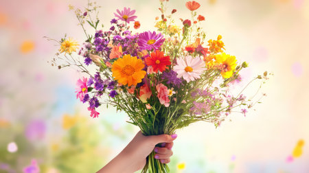 A beautiful hand holds a vibrant bouquet of wildflowers, showcasing an array of colors against a soft background. Perfect for celebrating nature's beauty.の素材