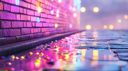A captivating view of wet pavement reflecting colorful lights in an urban setting at night, creating a vibrant and festive atmosphere perfect for artistic projects.の素材