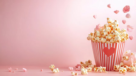 A visually appealing image featuring a striped popcorn bucket with hearts, overflowing with fluffy popcorn against a soft pink background, ideal for celebrations.の素材