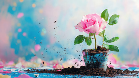 A stunning close-up of a pink rose planted in a rustic pot, surrounded by soil and scattered petals, set against a dreamy blue and pink background.の素材