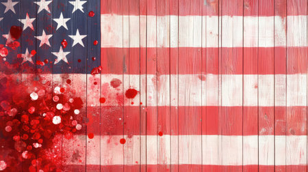 This artistic representation of the American flag features a wooden background with vibrant red splashes, evoking themes of patriotism and creativity.の素材