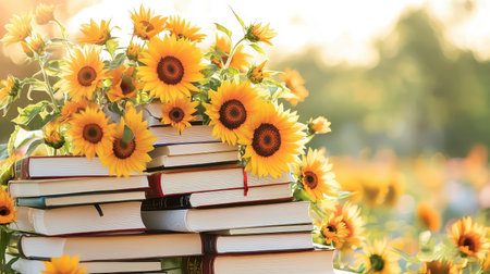 A picturesque arrangement of colorful sunflowers atop a stack of books, set in a serene outdoor landscape filled with natural light and beauty.の素材