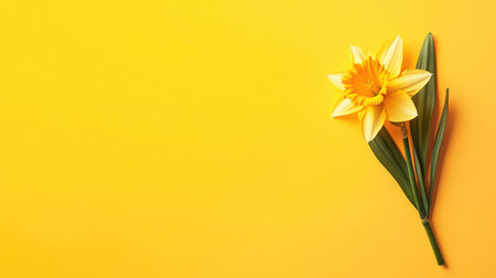 A stunning daffodil flower features bright yellow petals and green leaves against a vivid yellow background, perfect for spring and summer themes.の素材
