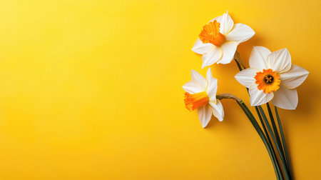 Three beautiful white daffodils with vibrant orange centers stand gracefully against a bright yellow background, symbolizing spring and renewal.の素材