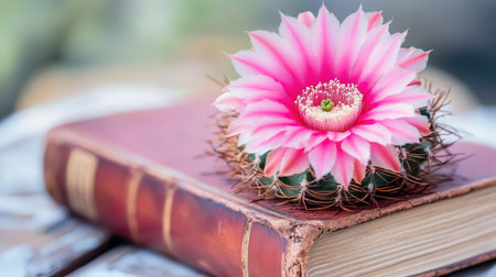 A stunning pink cactus flower rests on a vintage book, creating a beautiful still-life composition. The soft focus background enhances the natural charm.の素材