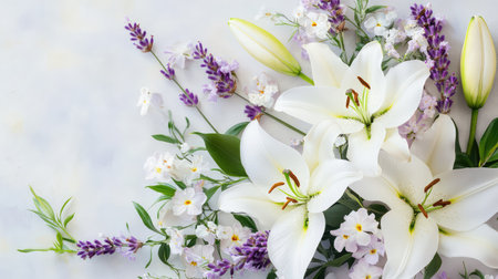 A stunning arrangement showcasing white lilies and lavender with delicate flowers, perfect for adding a touch of nature and elegance to any setting.の素材