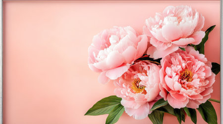 A beautiful arrangement of pink peonies rests against a soft peach background, showcasing lush greenery and delicate petals, perfect for spring decor.の素材