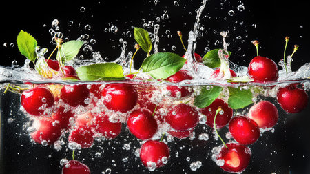 A stunning capture of fresh red cherries splashing into clear water, creating dynamic bubbles and showcasing vibrant green leaves against a black background.の素材