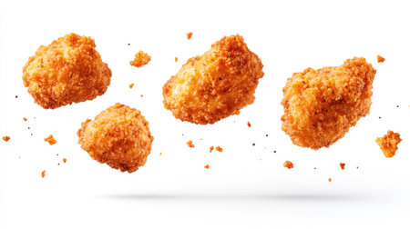 Enjoy the visual appeal of crispy fried chicken pieces suspended mid-air, showcasing a golden-brown coating. Perfect for culinary-themed projects!の素材