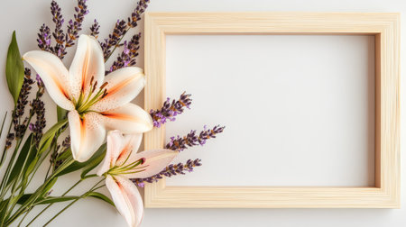 A beautiful composition featuring elegant lilies and lavender next to a wooden frame, perfect for adding a touch of nature and simplicity to any design project.の素材