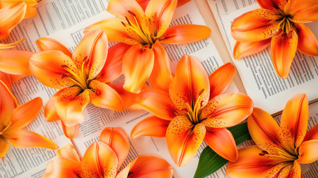 This stunning flat lay arrangement features vibrant orange lilies surrounded by open books, creating a harmonious blend of nature and literature, perfect for various themes.の素材