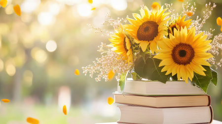 A captivating arrangement of sunflowers in a bright, warm setting with stacked books, perfect for evoking themes of learning, nature, and joy.の素材