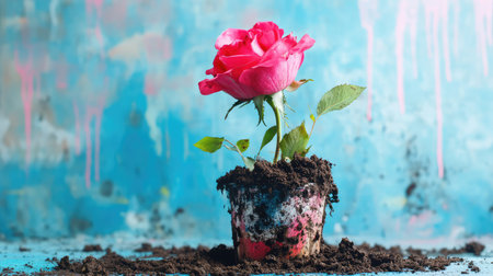 A stunning bright pink rose emerges from rich soil in a pot, set against a colorful backdrop with artistic paint splashes, symbolizing growth and beauty.の素材