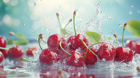 A stunning image of fresh cherries making a splash in clear water, highlighting their vibrant color and freshness against a soft background.の素材