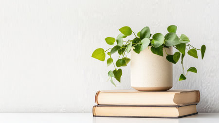 A charming arrangement featuring a vibrant indoor plant in a minimalist pot placed atop two stacked books, perfect for enhancing cozy living spaces.の素材