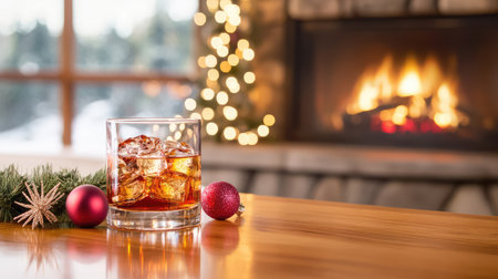 A cozy Christmas scene featuring a glass of whiskey on the rocks, decorated with festive ornaments and a warm fireplace, creating a perfect holiday atmosphere.の素材