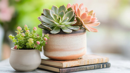 A stunning arrangement of succulent plants in decorative pots, resting on stacked books. The soft, natural light enhances the serene atmosphere, perfect for home decor.の素材