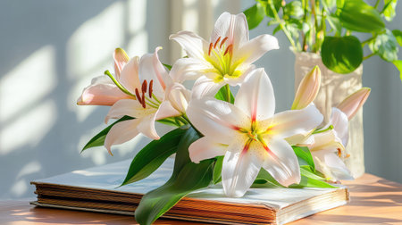 A beautiful arrangement of white lilies gracefully placed on a vintage book, bathed in soft natural light. This composition exudes tranquility and elegance, perfect for enhancing any cozy interior.の素材