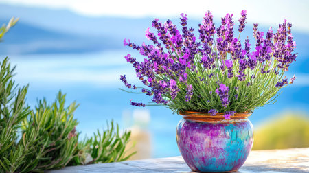 A vibrant arrangement of lavender flowers in a colorful pot, set against a serene backdrop of blue skies and distant hills, perfect for nature lovers.の素材