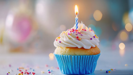 A delightful cupcake topped with creamy frosting and a single candle, set against a sparkling bokeh background, perfect for festive celebrations.の素材