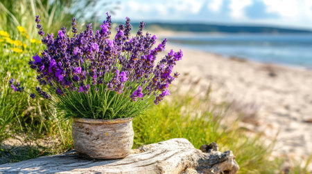 A stunning display of lavender blooms in a rustic pot set against a sandy beach backdrop. The scene captures the essence of summer with vibrant colors, natural beauty, and serene relaxation. Perfect for evoking feelings of tranquility and peace.の素材