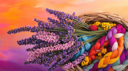 A visually appealing composition featuring a woven basket filled with vibrant lavender flowers and colorful yarn, set against a warm sunset background.の素材