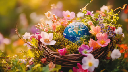 A captivating image showcasing the Earth nestled in a floral arrangement, symbolizing the beauty of nature and the importance of environmental stewardship.の素材