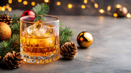 A beautifully arranged glass of whiskey with ice sits on a festive table, surrounded by holiday decorations, perfect for Christmas and New Year festivities.の素材