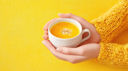 A comforting bowl of vibrant yellow soup is gently cradled in hands against a cheerful yellow backdrop. The image evokes feelings of warmth, coziness, and culinary delight, perfect for food lovers and lifestyle bloggers.の素材