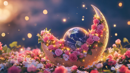 A stunning visual of Earth cradled in a bed of flowers, surrounded by soft light and a magical atmosphere, symbolizing peace and nature's beauty.の素材