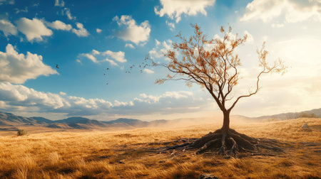 Experience the beauty of a serene landscape featuring a lone tree, soft clouds, and a golden field in this tranquil nature scene. Perfect for evoking peace.の素材