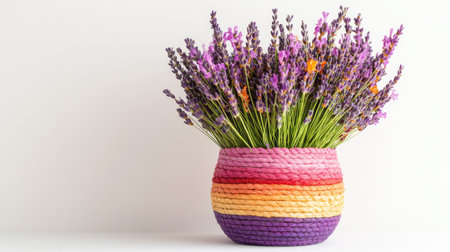 A vibrant display of lavender flowers arranged in a colorful woven basket, perfect for enhancing home decor or adding a touch of nature's beauty.の素材