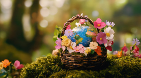 A beautifully crafted floral basket featuring a globe represents nature's beauty and harmony. Surrounded by colorful blooms, it symbolizes spring and environmental awareness.の素材