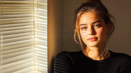 A serene portrait of a young woman illuminated by natural light filtering through blinds, creating artistic shadows on her face that enhance her beauty.の素材
