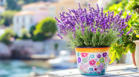 A beautiful potted lavender plant stands out against a serene coastal backdrop, embodying the essence of spring and summer with vibrant colors.の素材
