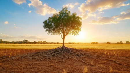 A stunning view of a lone tree with exposed roots set against a beautiful sunset. The golden grass and colorful sky create a serene atmosphere, perfect for nature enthusiasts.の素材