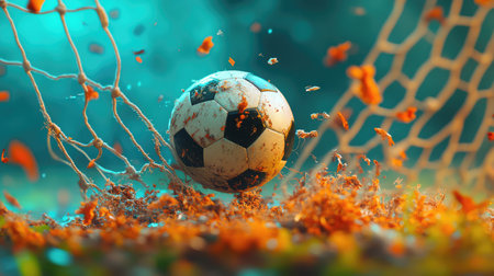 A dynamic image showcasing a soccer ball striking the goal net, surrounded by fallen autumn leaves, conveying excitement and energy in sports.の素材