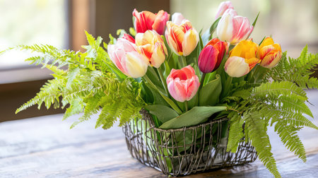 A vibrant bouquet of tulips in an elegant wire basket, complemented by lush ferns, perfect for spring decor and floral arrangements.の素材