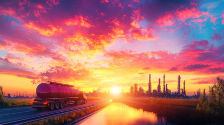 A vibrant sunset casts a colorful glow over an oil refinery, with a truck driving along the highway, creating a striking industrial landscape.の素材