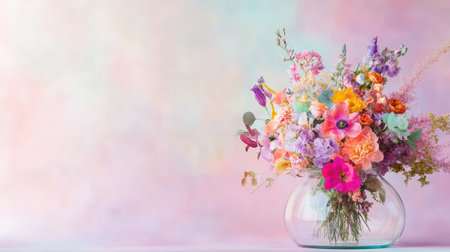 A stunning floral arrangement featuring an array of colorful blossoms in a glass vase, set against a soft pastel background that enhances its visual appeal.の素材