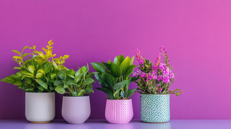 Brighten your home with lush indoor plants in unique colorful pots set against a striking purple wall, creating a refreshing and stylish atmosphere.の素材