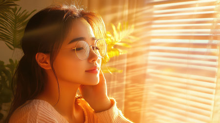 A young woman with glasses experiences a moment of tranquility as warm sunlight streams through a window, creating a cozy ambiance.の素材