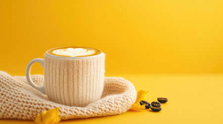 A cozy coffee cup adorned with beautiful latte art sits on a soft knitted sweater, creating a warm and inviting scene perfect for autumn vibes.の素材