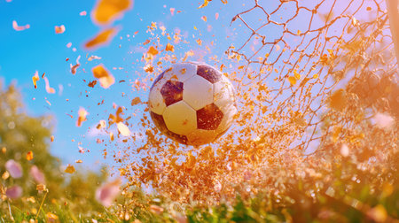 A vibrant soccer ball strikes the net, sending petals flying in the air under a bright blue sky, capturing the thrill of the game in an outdoor setting.の素材